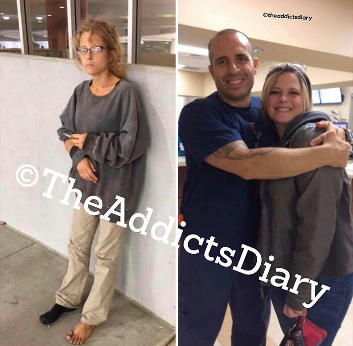 Before-and-after photo showing a woman recovering and rebuilding her life, going from struggling to happy with support.
