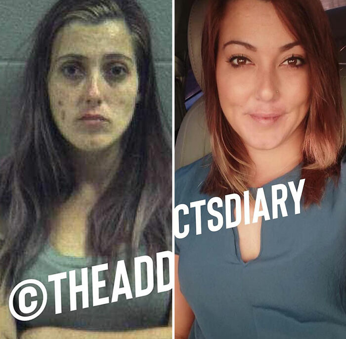 Side-by-side before-and-after pics of a woman showcasing recovery and rebuilding of her life journey.