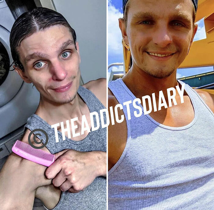 Side-by-side before-and-after pics showing a man recovering and rebuilding his life with improved health and confidence.