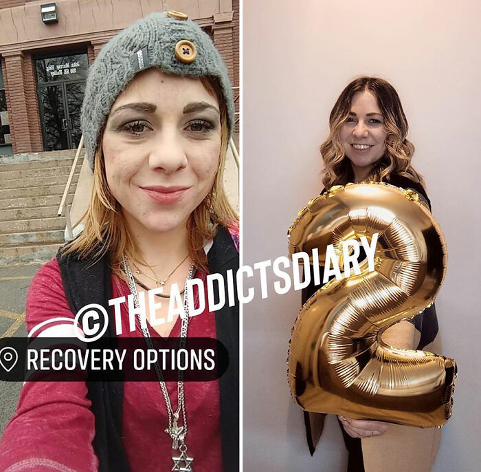 Before-and-after pics showing a woman recovering and rebuilding her life, smiling and holding a gold balloon number 2.