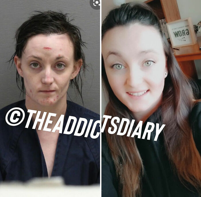 Before-and-after photo of a woman recovering and rebuilding her life, showing transformation and improved well-being.