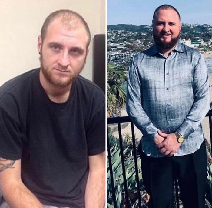 Before-and-after pics of a man recovering and rebuilding his life, showing a positive transformation and renewed confidence.