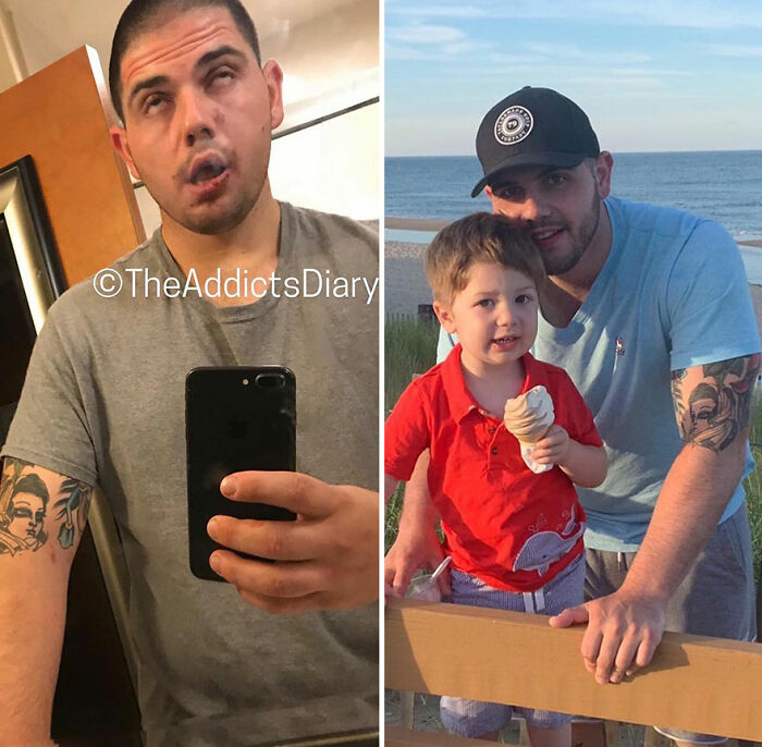 Before-and-after pics showing a man recovering and rebuilding his life, now enjoying time with his child outdoors.