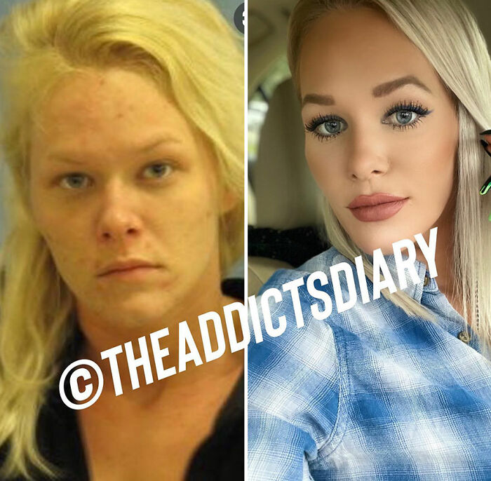 Before-and-after pics of a woman recovering and rebuilding her life with a visible transformation in appearance and confidence.