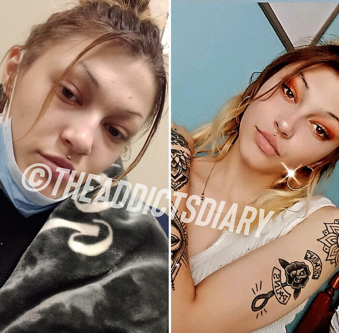 Side-by-side before and after photos showing a woman recovering and rebuilding her life with visible tattoos and makeup.