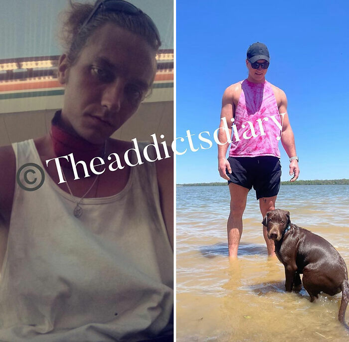 Before-and-after pics showing a person’s recovery and rebuilding their life, standing at a lake with a dog.