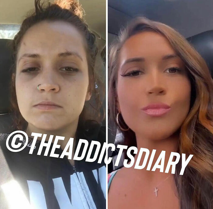 Before-and-after comparison of a woman recovering and rebuilding her life, showing significant positive transformation.