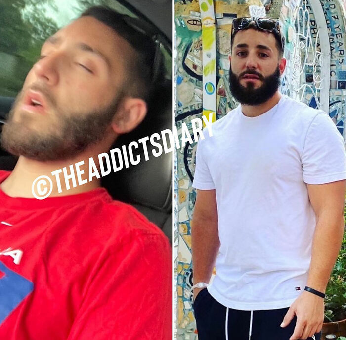 Side-by-side before-and-after photos showing a man recovering and rebuilding his life with improved health and confidence.