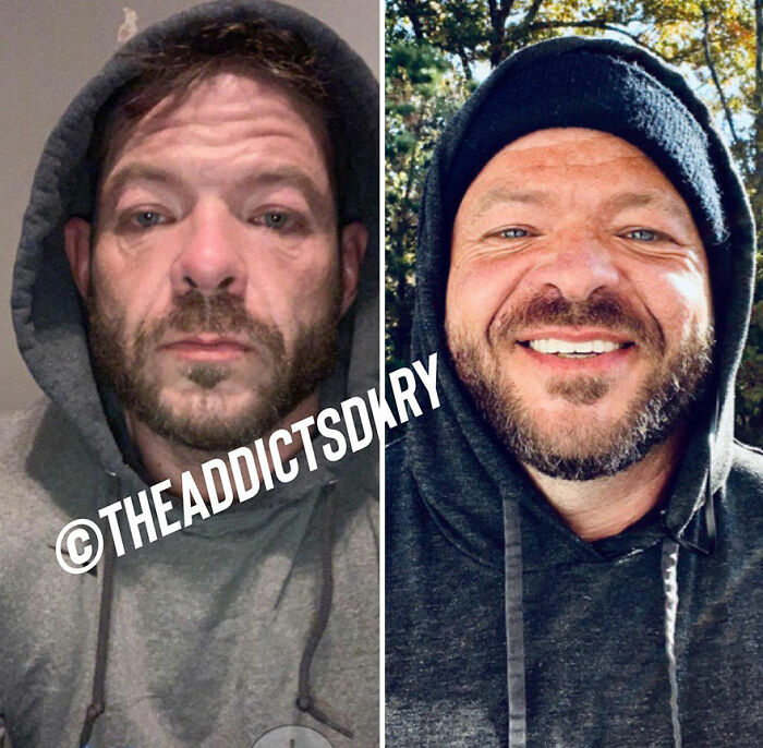Man before and after recovery and rebuilding his life, smiling outdoors wearing a black beanie and hoodie.