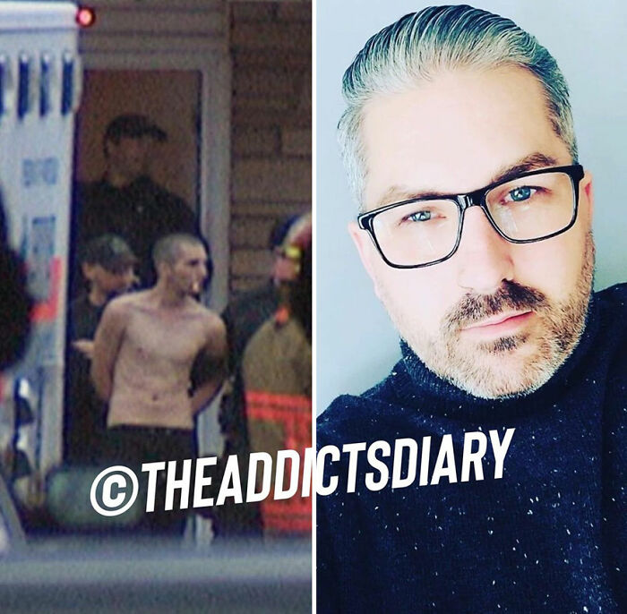 Before-and-after photos of a man recovering and rebuilding his life, showing dramatic positive transformation.