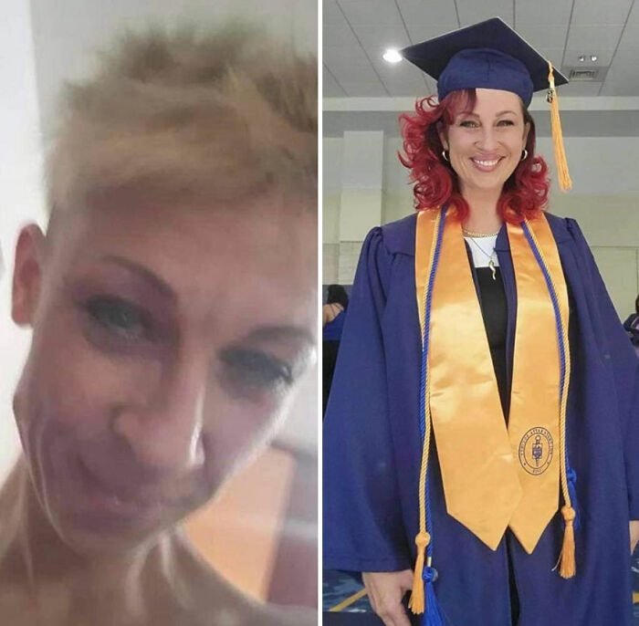 Before-and-after image showing a woman recovering and rebuilding her life, now smiling in graduation attire.
