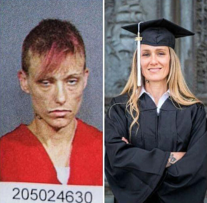 Before-and-after pics of a woman recovering, from a mugshot to graduating in a cap and gown, rebuilding her life successfully.