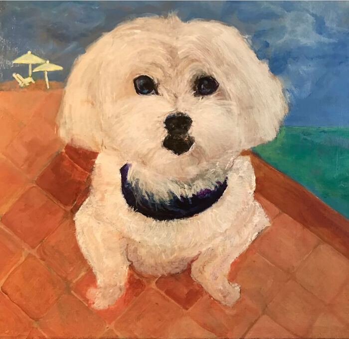 Painting of a small white dog on a tiled floor near water, showcasing detailed pet portrait artistry in a 12 by 12 inch format.