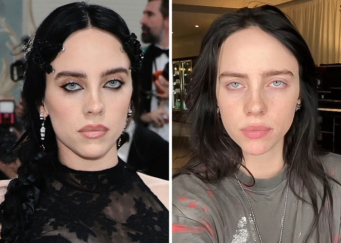 Side by side photos of a female star seen without makeup and professional lighting, showcasing natural beauty.