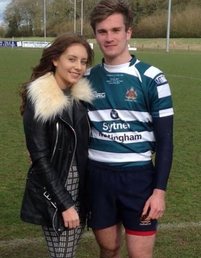 Young couple standing together on a rugby field, highlighting Bonnie Blue&rsquo;s ex-husband speaking out about her career.
