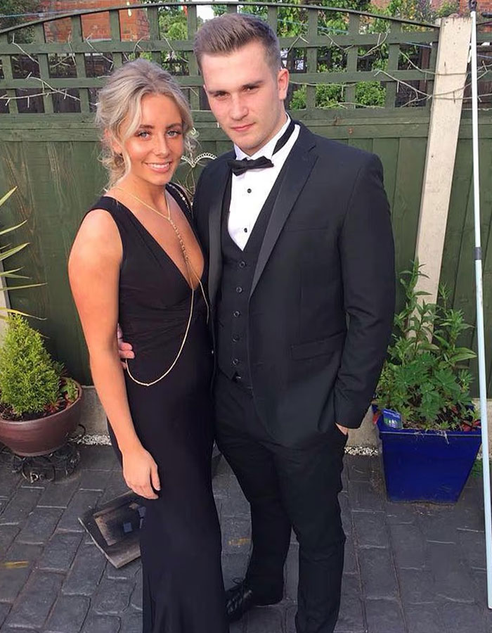 Adult star Bonnie Blue posing with a man outdoors, dressed formally amid news of new romance and divorce updates.