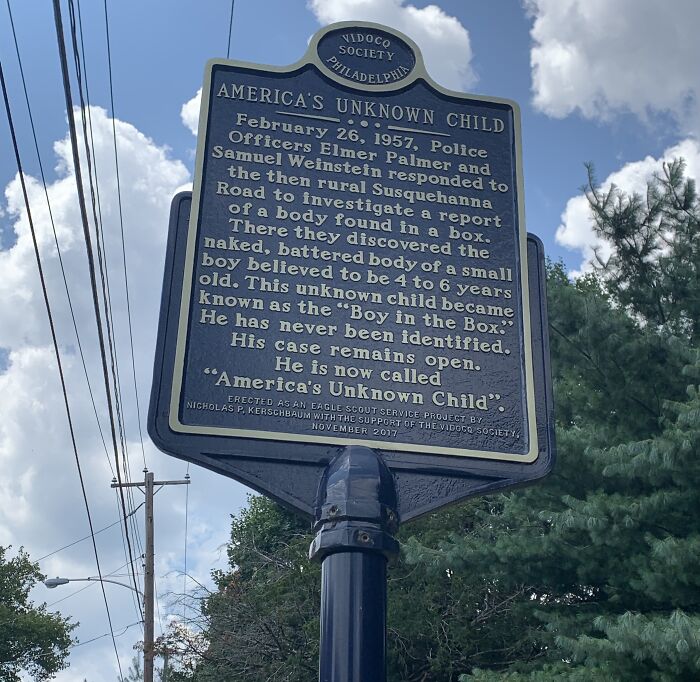 Historical marker describing America's unknown child mystery, one of the world's most baffling unsolved mysteries.