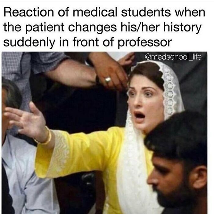 Shocked medical students reacting to a patient changing their history suddenly in front of the professor meme.