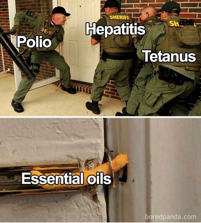 Group of sheriffs labeled as diseases breaking down a door while a doorstop labeled essential oils is failing to stop them, medical memes humor.