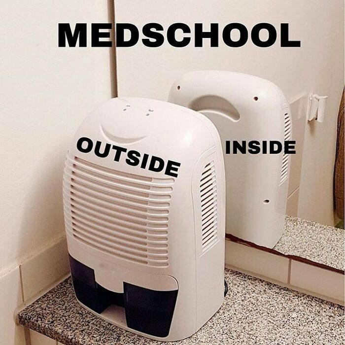 Dehumidifier with smiling face labeled outside and sad face labeled inside, illustrating funny and relatable medical memes.