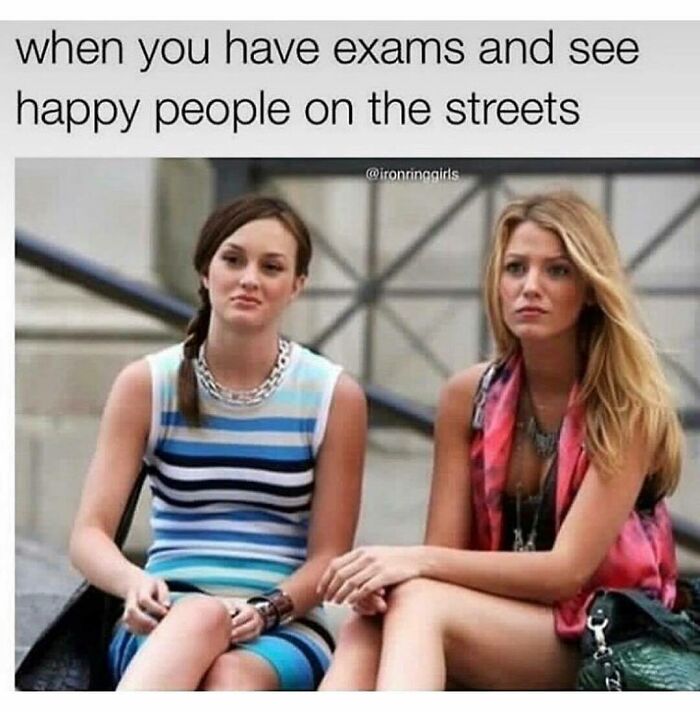Two women sitting with serious expressions, illustrating a funny and relatable medical meme about exams and stress.
