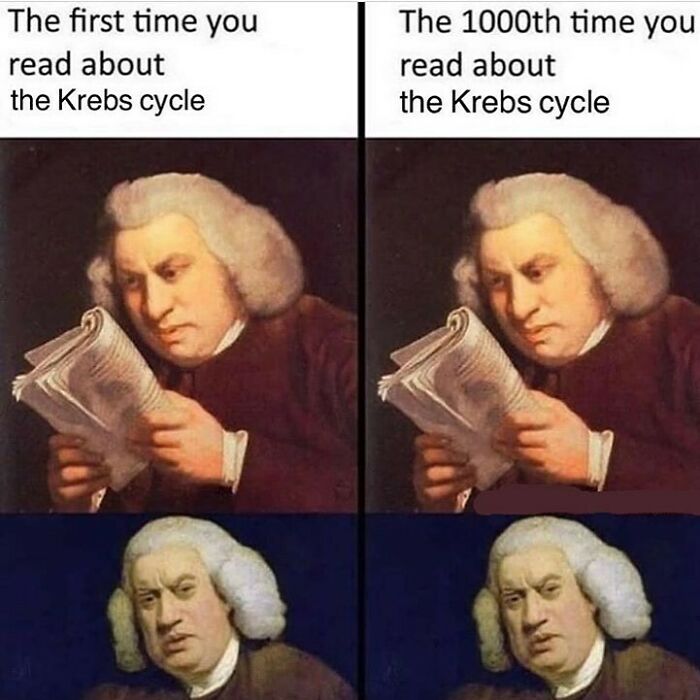 Man reading a book intensely in a medical meme illustrating relatable frustration with studying the Krebs cycle.