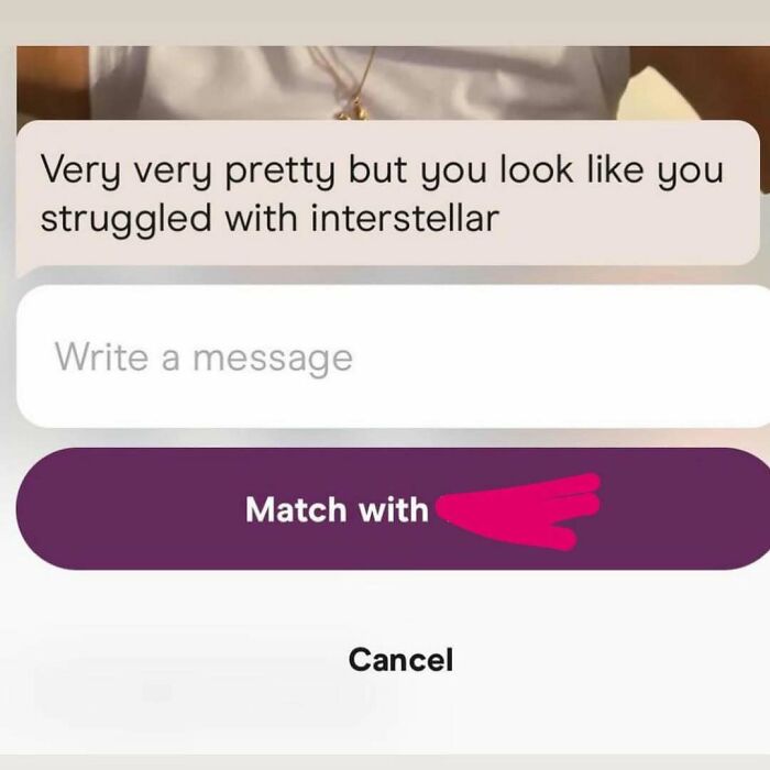 Screenshot of a cringy message from a man on a dating app, shared by women showcasing cringy men hitting on them.
