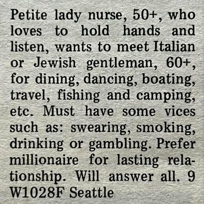 Personal ad from a petite lady nurse seeking romance with an Italian or Jewish gentleman for activities and lasting relationship.