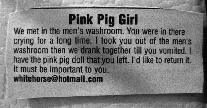 Vintage personals ad titled Pink Pig Girl recounting a heartfelt encounter and offering to return a lost doll.