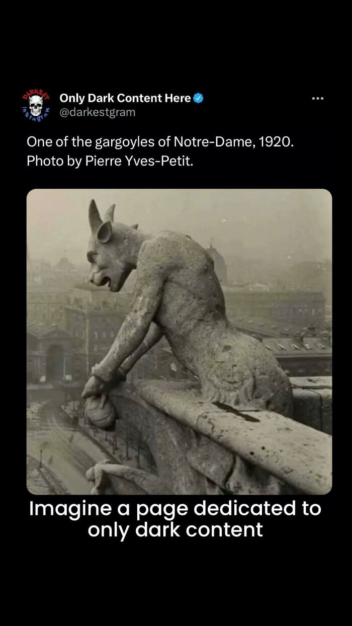 Gargoyle statue on Notre-Dame rooftop in 1920, featured on darkest page on Instagram for creepy dark content.