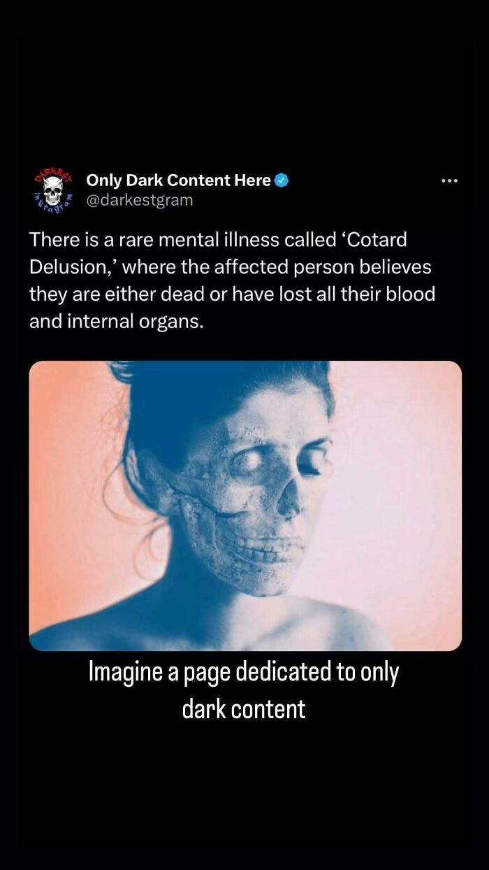Tweet from Darkest Page on Instagram describing Cotard Delusion, with an eerie image of a person’s face partially resembling a skull.