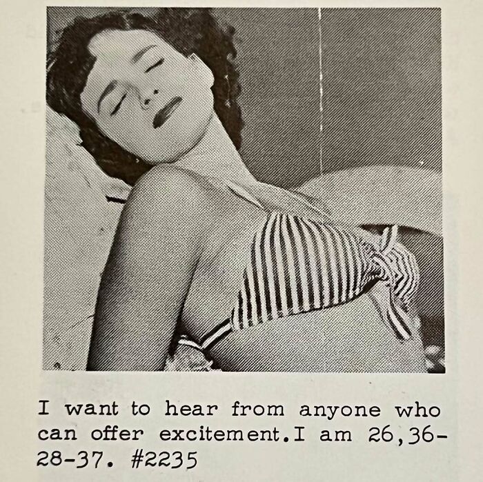 Vintage personals ad featuring a woman in a striped bikini expressing desire for romance and excitement.