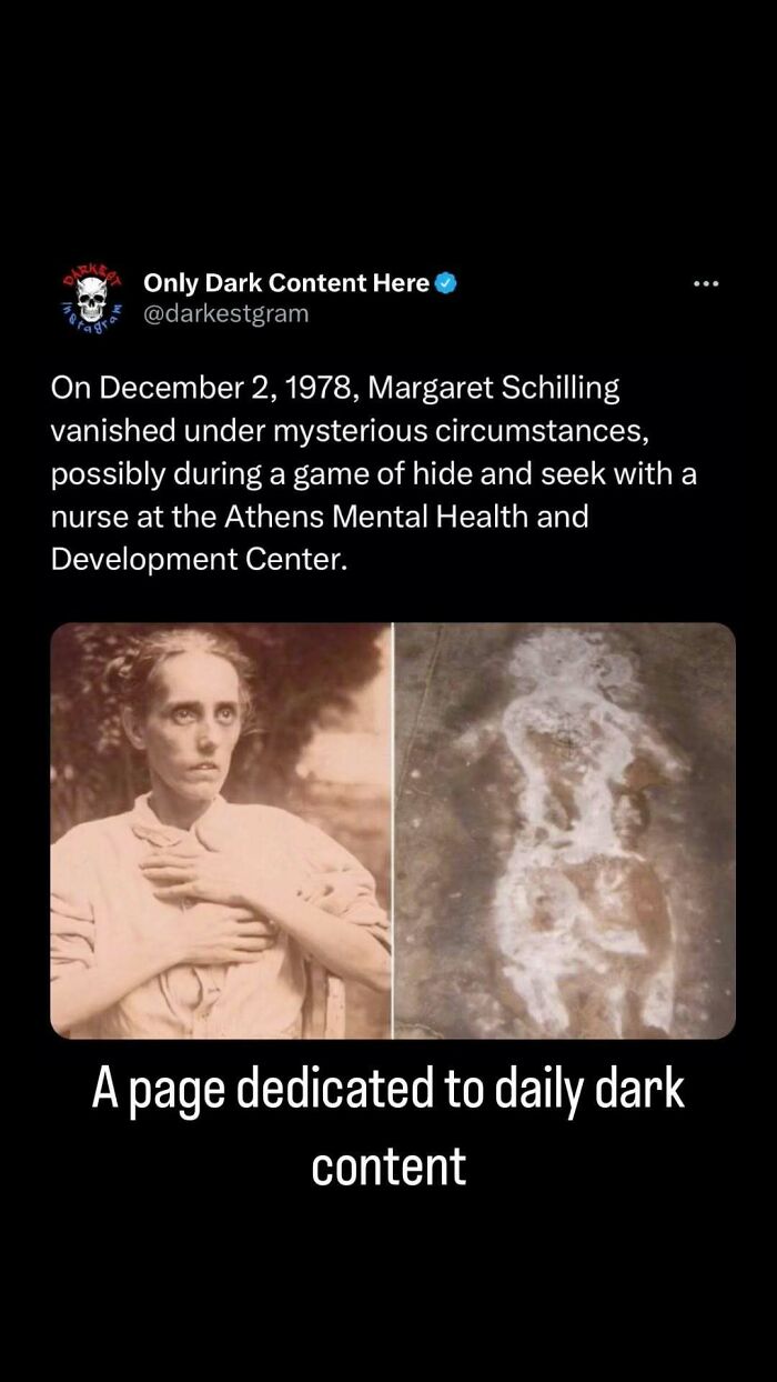 Creepy dark content from Instagram page showing a mysterious disappearance case with eerie vintage photos.