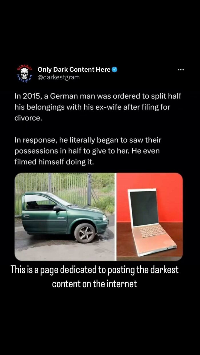 Screenshot of Darkest Page on Instagram post about a man sawing possessions in half, featuring creepy stories and dark content.