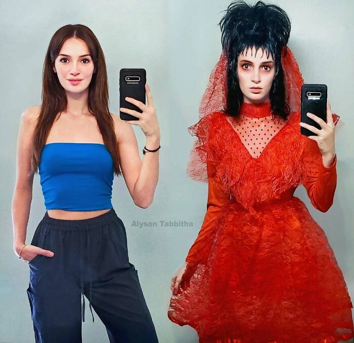 Side-by-side comparison of a woman in casual wear versus an elaborate red costume, demonstrating creative transformations.