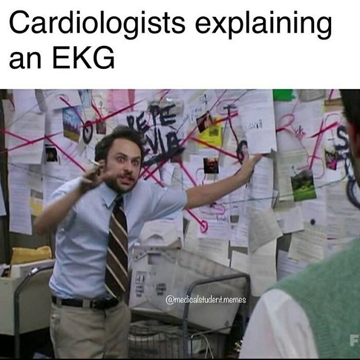 Man explaining complex medical information with papers and red string, representing funny and relatable medical memes.