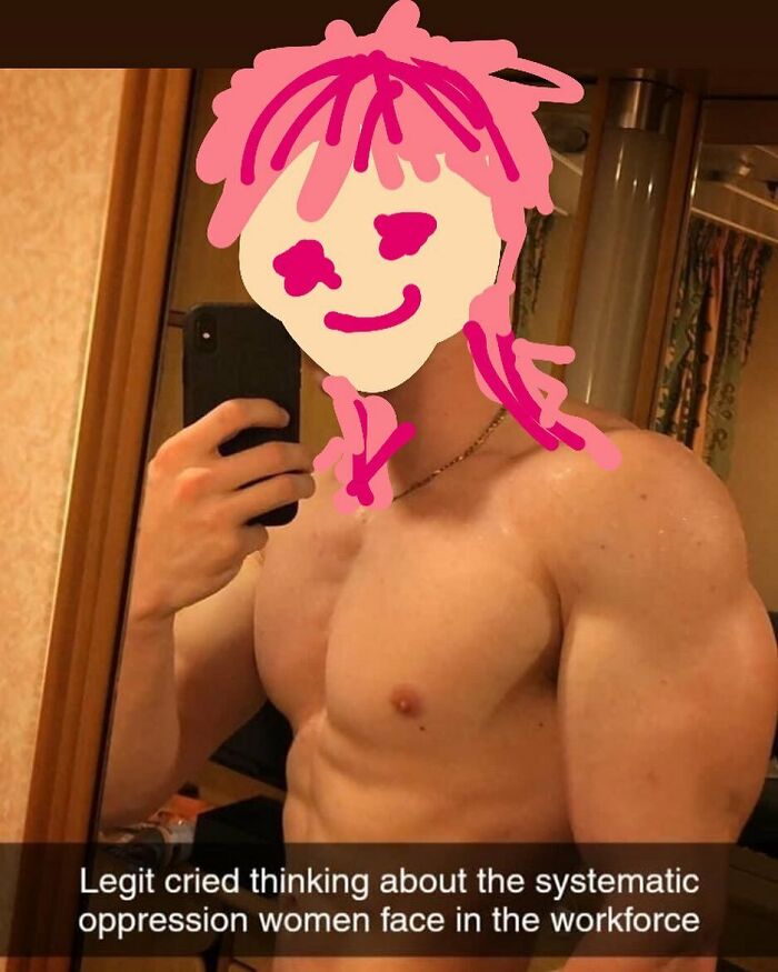 Muscular man taking a mirror selfie with a humorous caption about women facing oppression in the workforce and cringy men hitting on them.