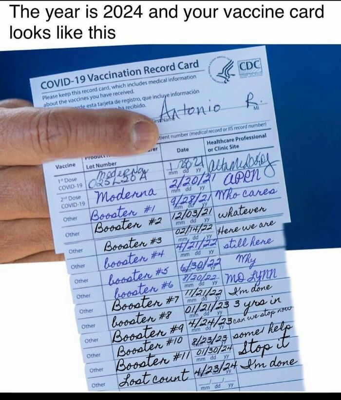 Hand holding a humorous medical vaccine card filled with multiple booster entries, highlighting funny and relatable medical memes.