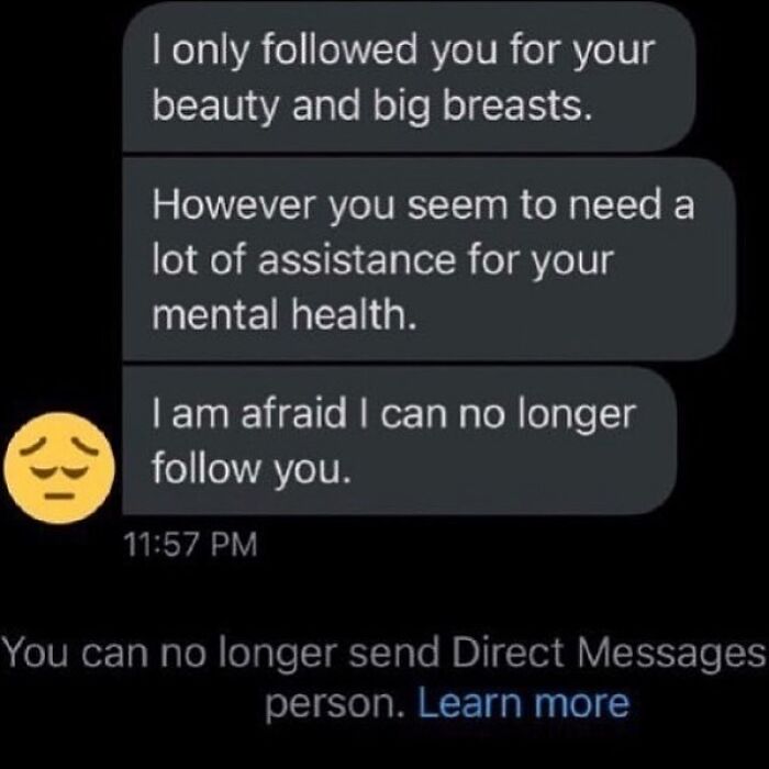 Screenshot of a cringy man hitting on a woman, sharing messages about beauty, mental health, and blocking her.