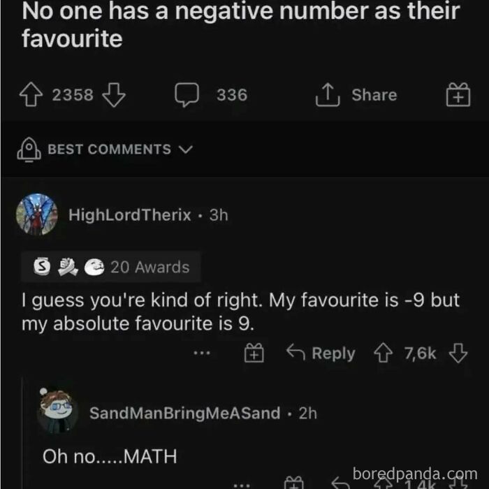 Science meme showing a math joke about favorite numbers and negative numbers with humorous comments.