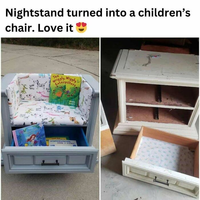 Creative crafty idea showing a nightstand repurposed into a children's chair with storage and colorful cushions.