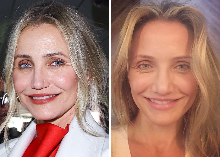 Actress Cameron Diaz seen without makeup on the right and with makeup on the left in two side-by-side portraits.