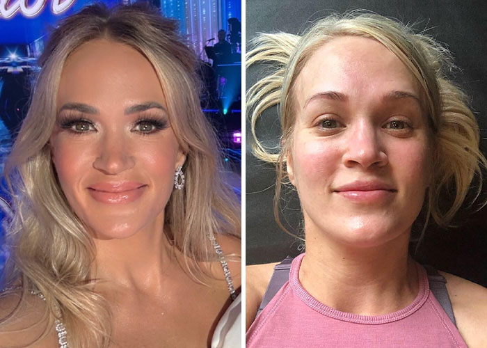 Side-by-side photos of a female star with makeup and professional lighting versus a natural look without makeup or professional lighting.