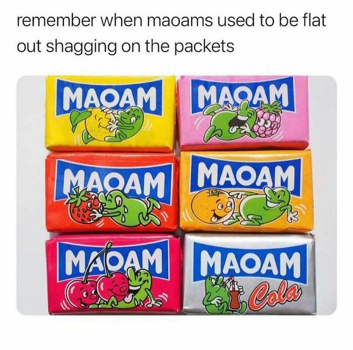 Six colorful flat Maoam candy packs with playful green characters and fruit illustrations, a chaotic British meme on nostalgic sweets.