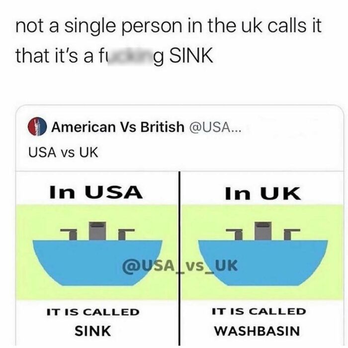 Comparison meme showing the difference between sink in the USA and washbasin in the UK, highlighting British memes humor.