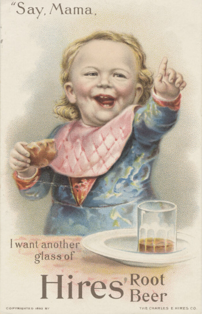 Vintage advertisement of a child enjoying a glass of Hires Root Beer, showcasing vintage advertisements from the past.