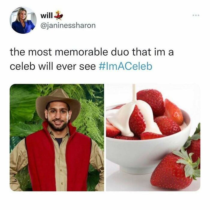 British meme showing a humorous comparison of a celeb with strawberries and cream in a white bowl.