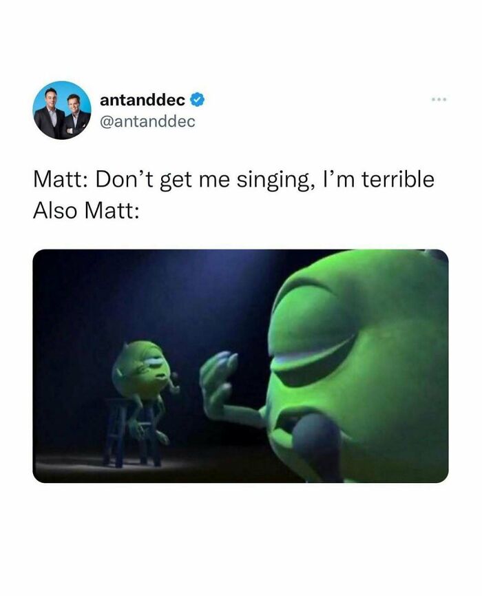 British meme showing a funny tweet about singing with a humorous Monsters Inc character scene, highlighting chaotic British memes.