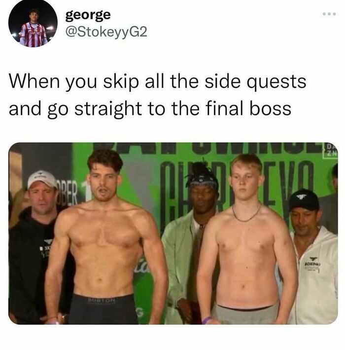 British meme showing two shirtless men at a weigh-in with caption about skipping side quests to face the final boss.