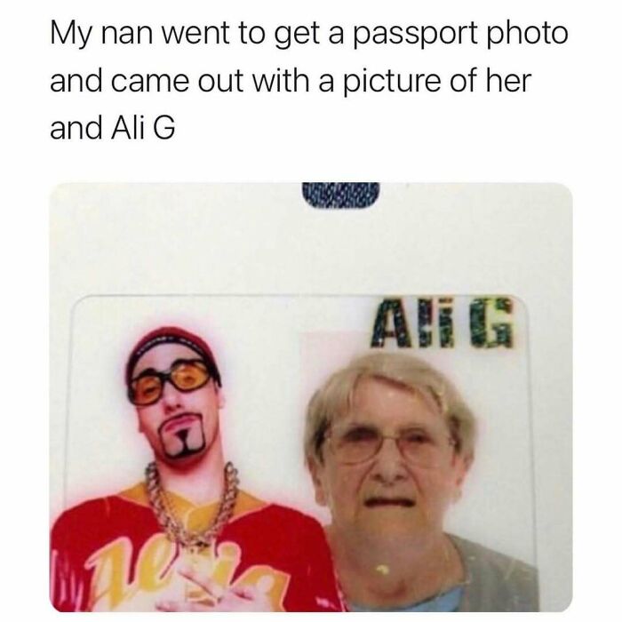 Passport photo with a British nan unexpectedly featuring Ali G, showcasing chaotic British memes humor and UK culture.